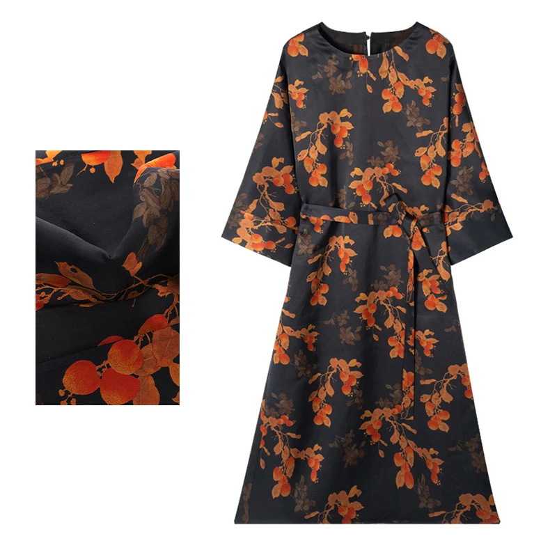 圆领系带长袖柿柿如意花萝连衣裙圆领长袖系带裙子Y51001