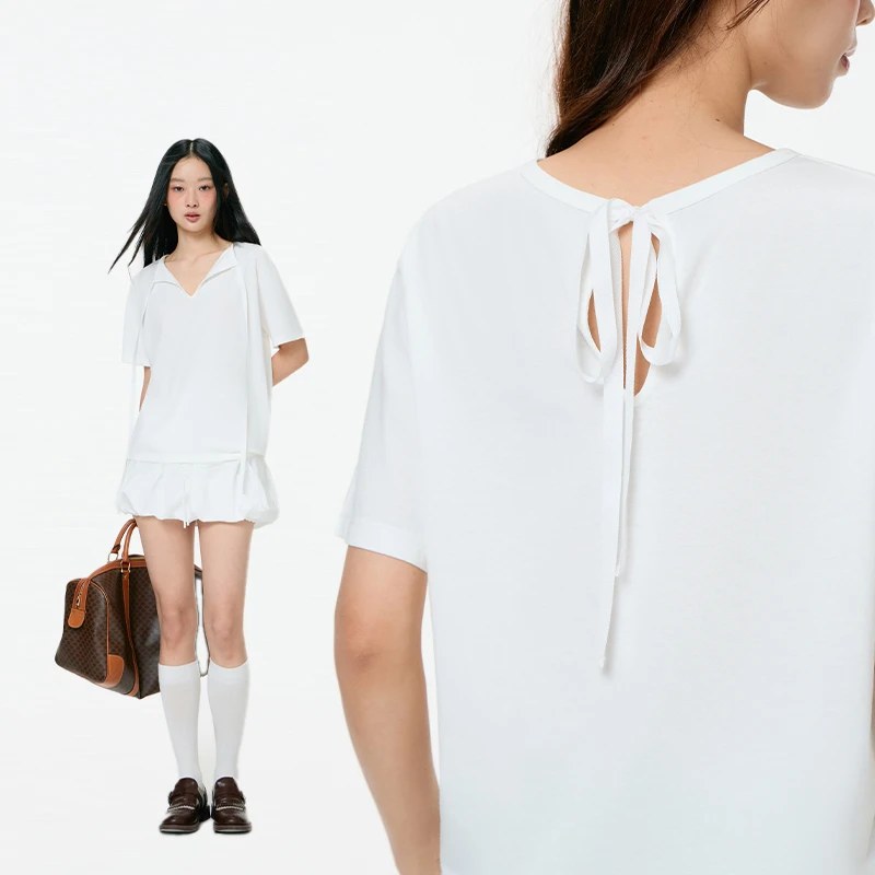 「PINPINPLUS」PP+AB面正反两穿蕾丝花边绑带领口T恤 PABEA210004Y