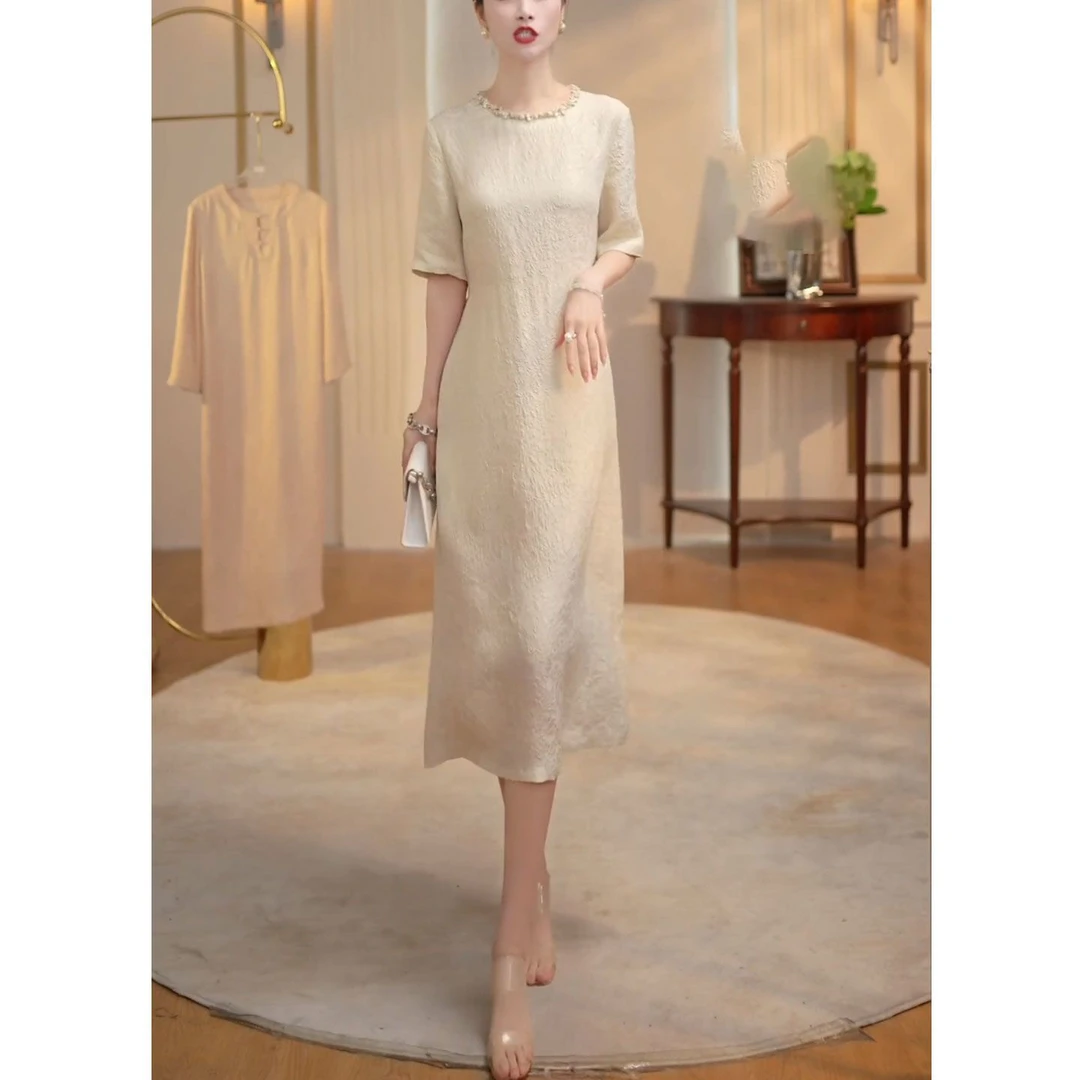 轻熟女人味连衣裙夏季新款圆领时尚时尚系带收腰设计显瘦中长裙女