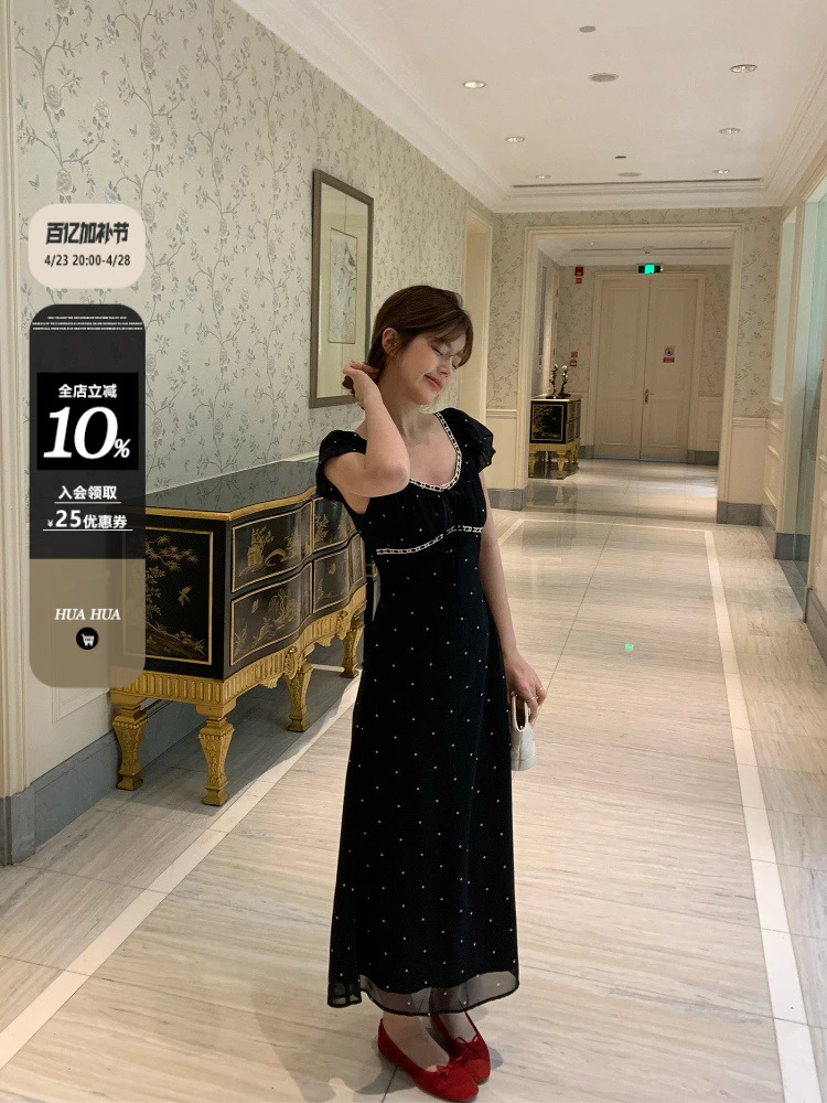 韩版黑色波点法式方领短袖收腰连衣裙女小个子中长款修身显瘦