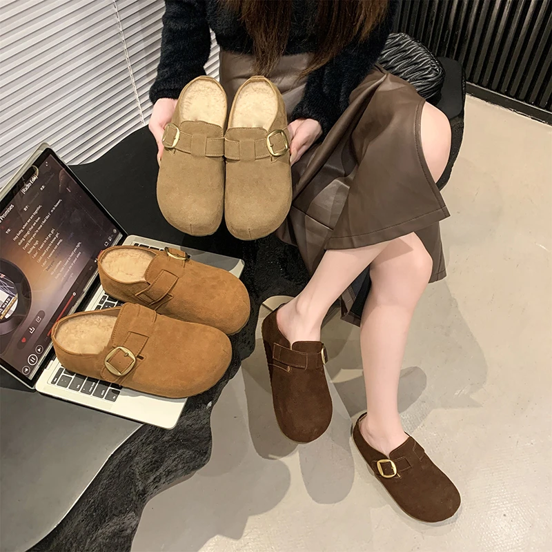 大码女鞋41到43勃肯鞋加绒厚底内增高包头懒人博肯毛毛半拖鞋秋冬