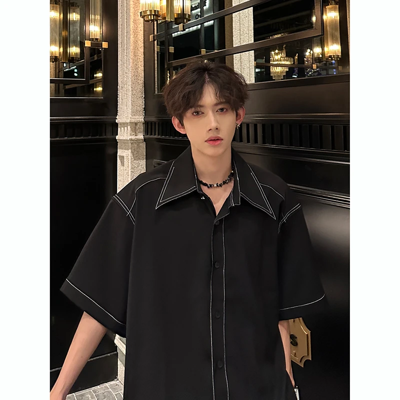 个性简约明线设计感短袖衬衫男款夏季宽松潮流百搭痞帅衬衣高级感
