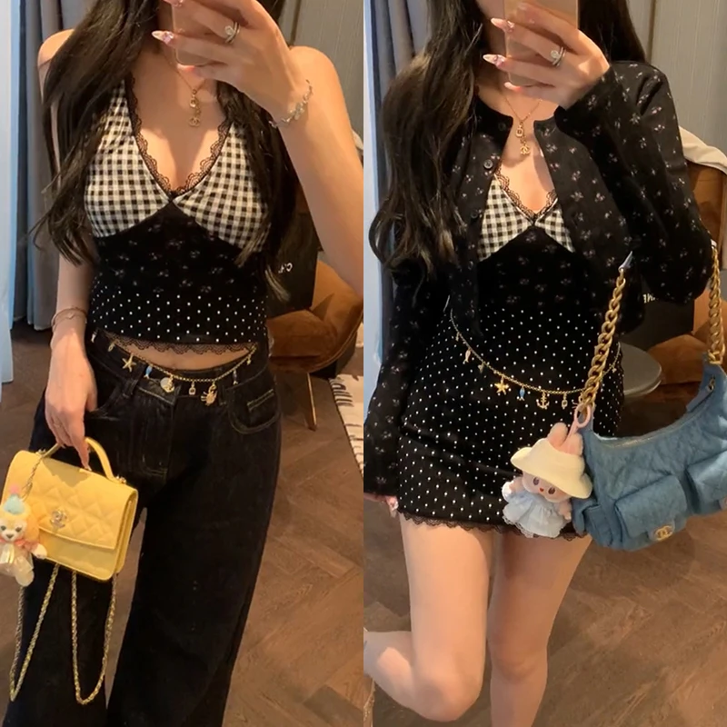 【mimius】&B游鹿鹿 格子碎花波点拼接针织开衫+背心+连衣裙 G02041