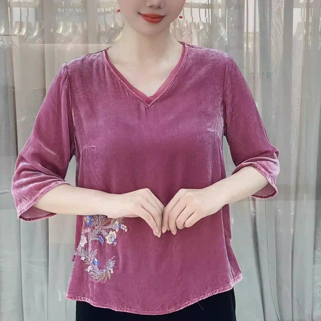洋   新中式 桑蚕丝丝绒 上衣 24302