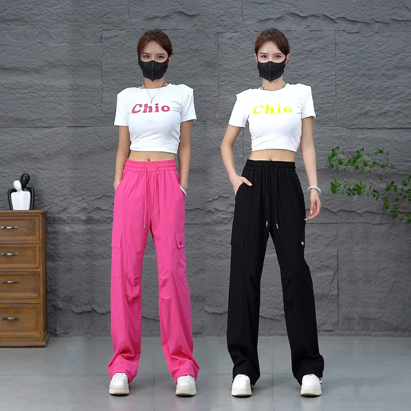 美式抽绳工装裤子女2025夏季薄款速干运动裤高腰显瘦休闲裤