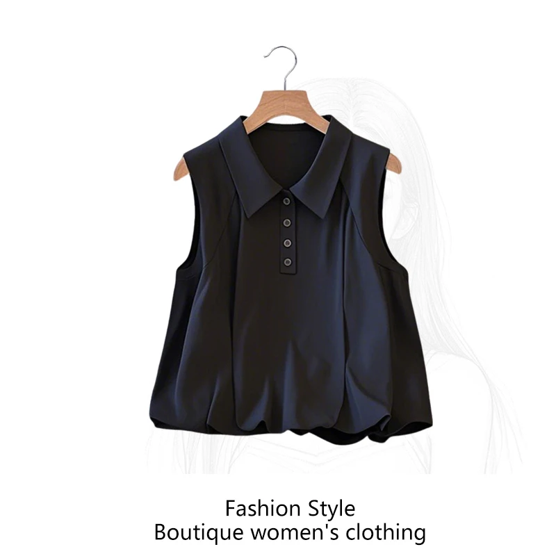 黑色背心女2025夏季新款polo衫无袖短袖t恤女今年流行爆款上衣服