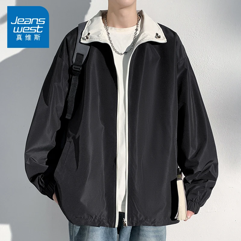 真维斯春季双面穿夹克男士潮流宽松简约青少年防风运动立领外套男