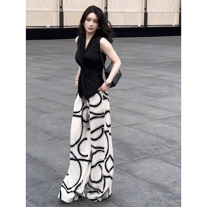 2025超火夏装一整套又酷又飒收腰黑色上衣裤子大方得体两件套装女