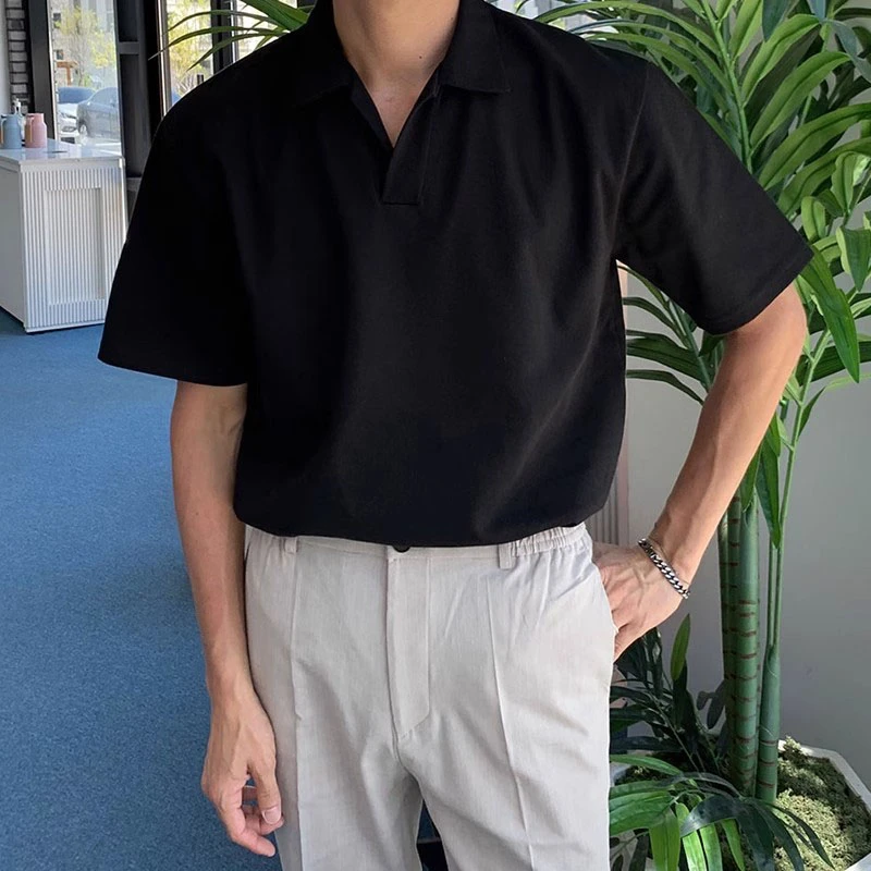 复古短袖polo衫男士夏季新款高级感通勤百搭休闲宽松V领T恤上衣潮