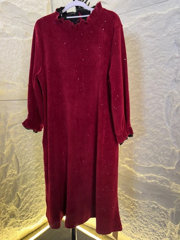 170/新春喜庆厚实细闪红色连衣裙