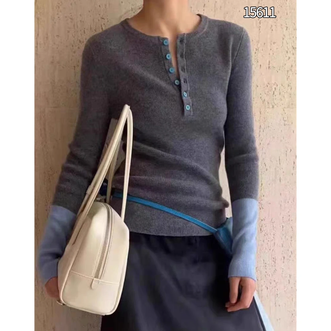 15611（部分无水洗唛，介意慎拍）WANGDAN新款手臂撞色针织长袖