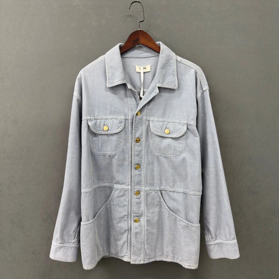 99新 Celine/思琳 新款雾霾蓝灯芯绒四口袋衬衫外套 M码 ys000735