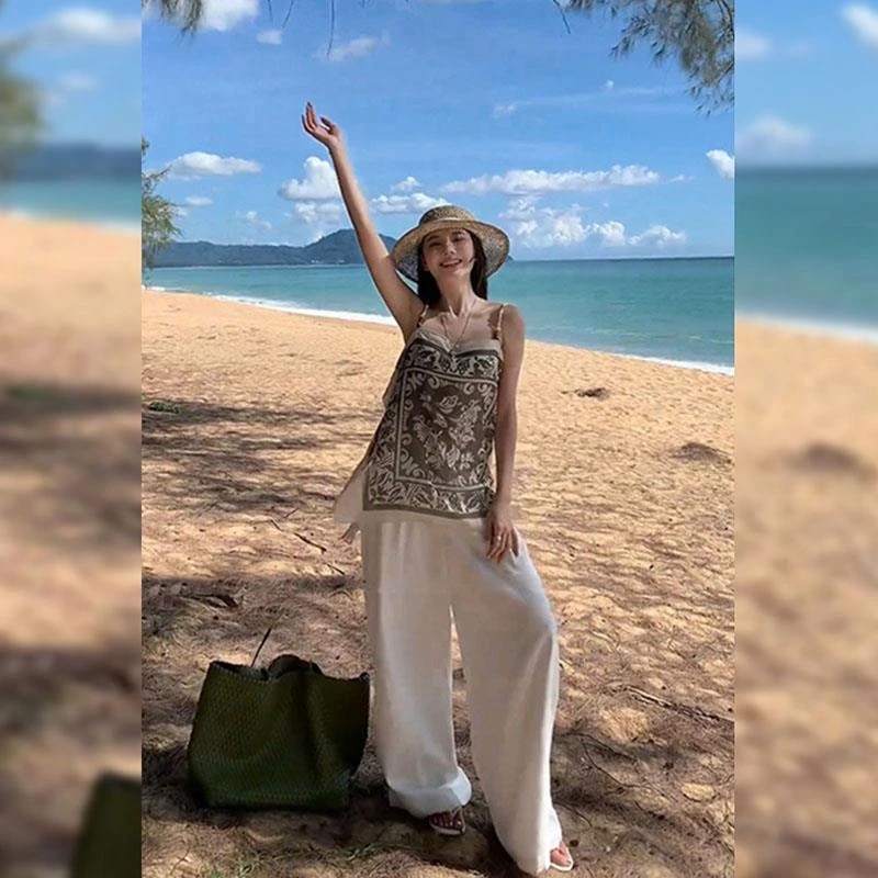 波西米亚复古印花设计感珠串双面印花小众美感度假吊带背心上衣女