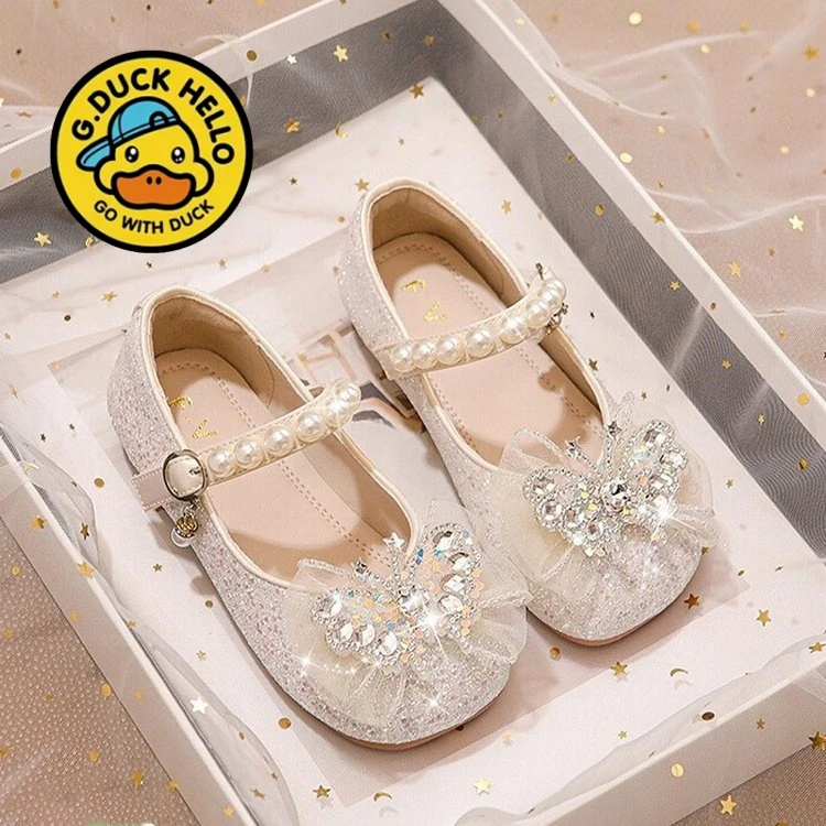 小黄鸭女童鞋子2025春秋新款儿童公主鞋时尚软底宝宝鞋水钻水晶鞋