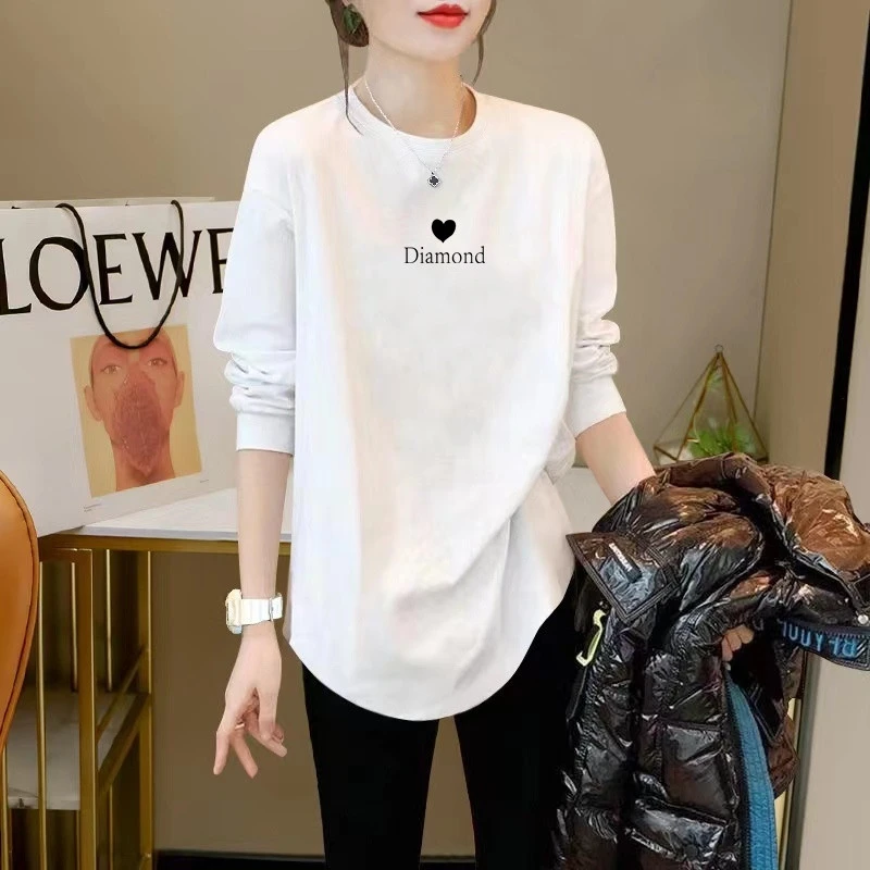 中长款下衣失踪弧形长袖t恤女春季宽松遮屁股内搭大码纯棉打底衫