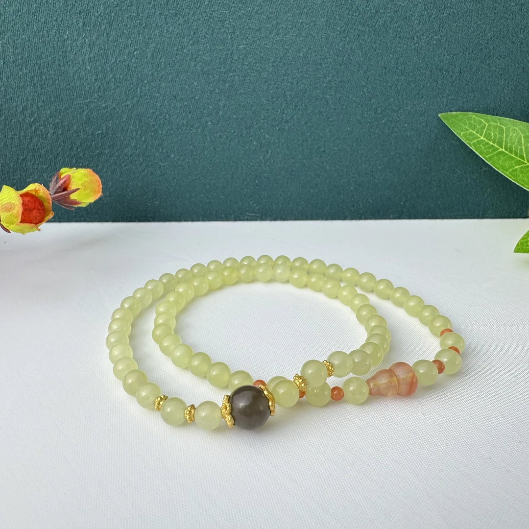 和田玉黄口双圈5mm手串搭配糖玉南红女士优雅精致款