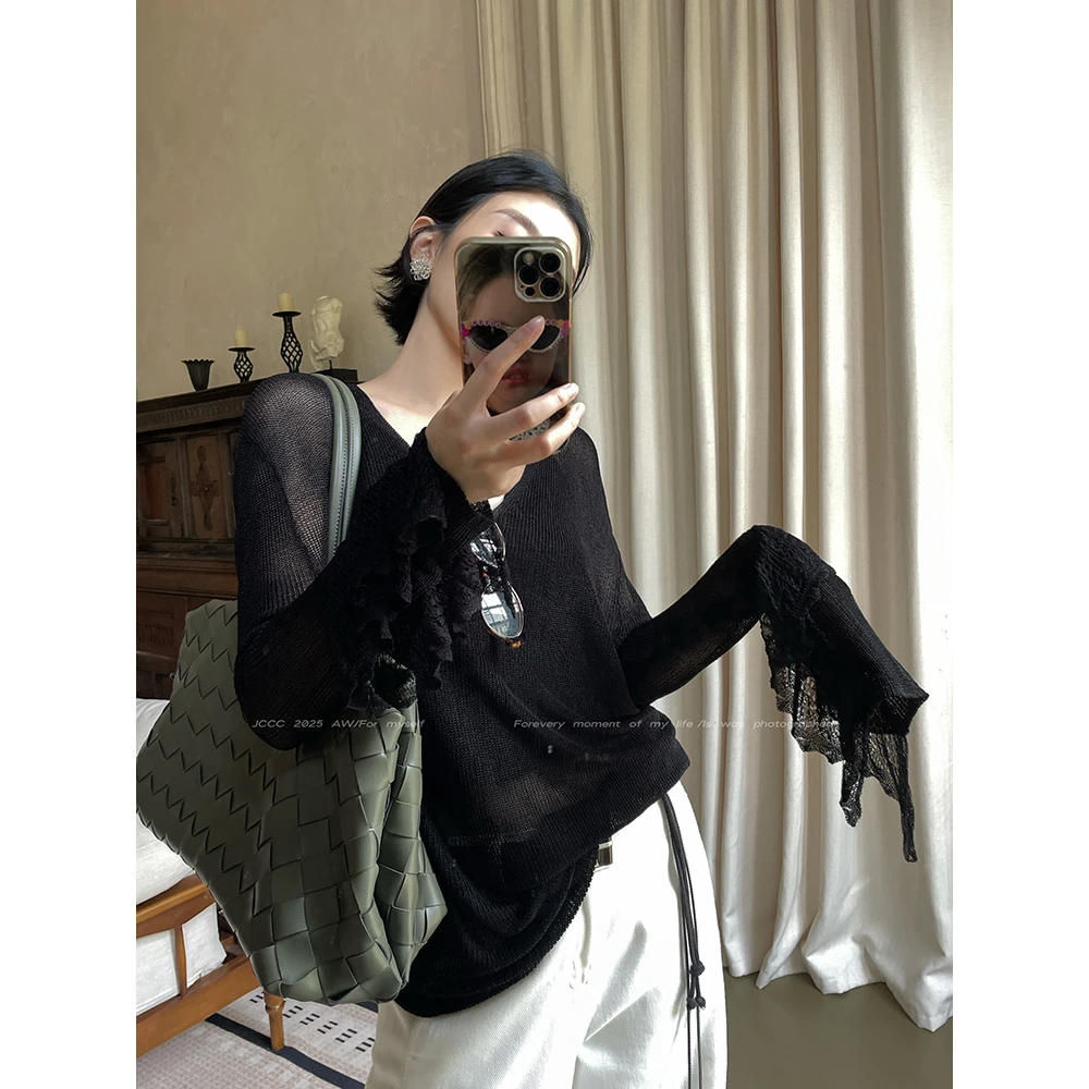 JCCC影子【袖口涟漪】黑色薄纱袖口荷叶边设计针织长袖T恤JE5GST10