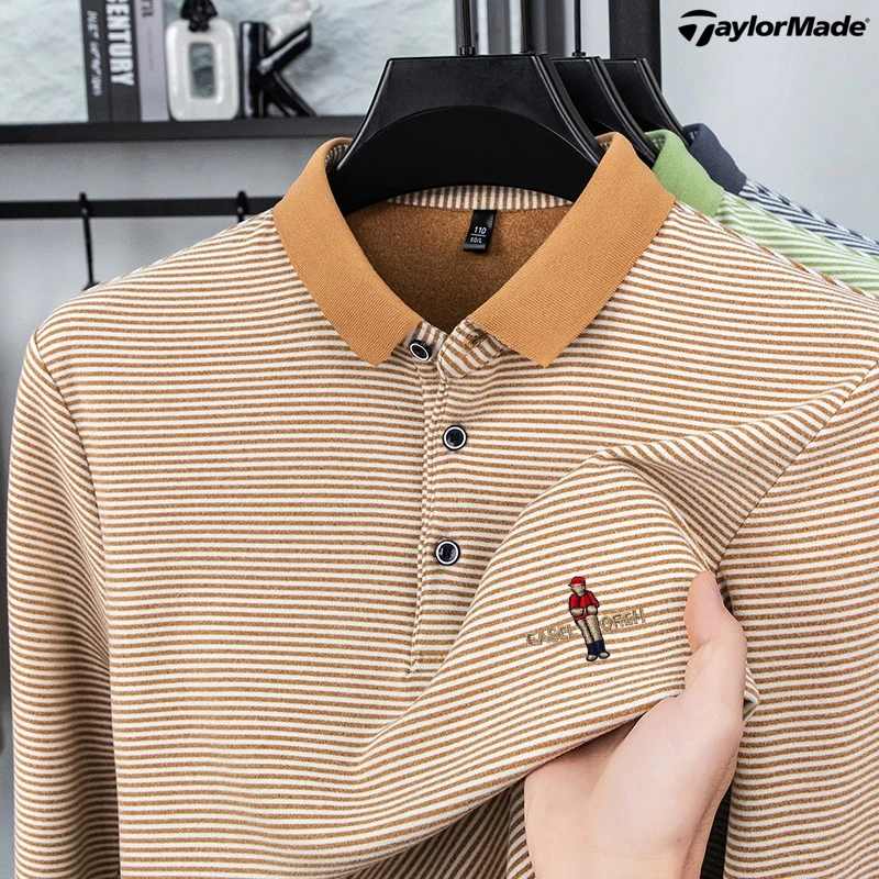 Taylormade泰勒梅高尔夫男装2025秋季运动翻领条纹男士长袖polo衫