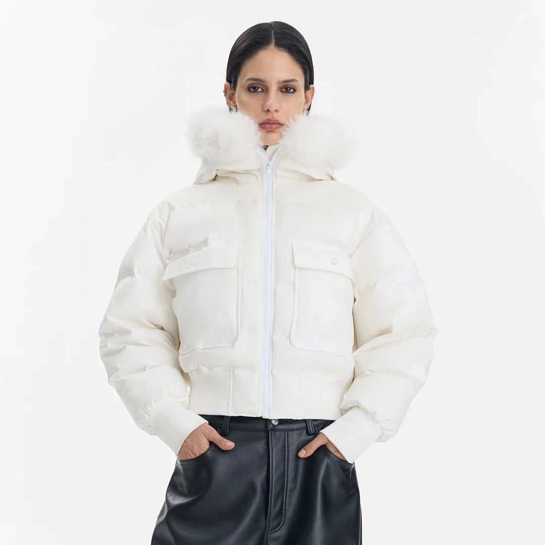 CALLED BACK秋冬小众设计师款修身白色连帽短款外套羽绒服女