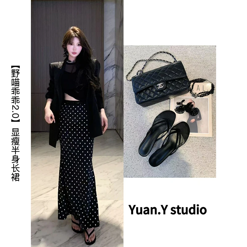 媛媛【野喵乖乖2.0】黑色蕾丝拼接波点半身裙新款显瘦A字长裙#Q1089