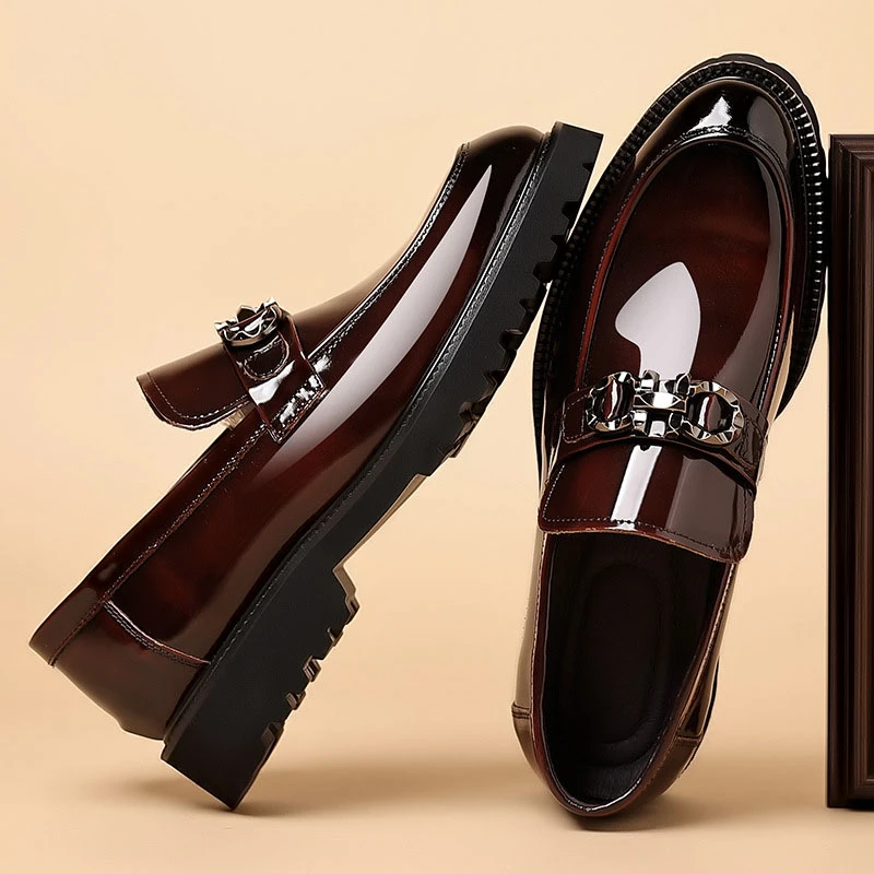 秋冬英伦风男士一脚蹬乐福鞋商务皮鞋男款真皮休闲豆豆鞋漆皮男鞋