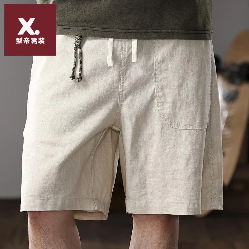 苎麻休闲短裤男潮流宽松直筒五分裤透气欧美简约中裤高端沙滩裤男