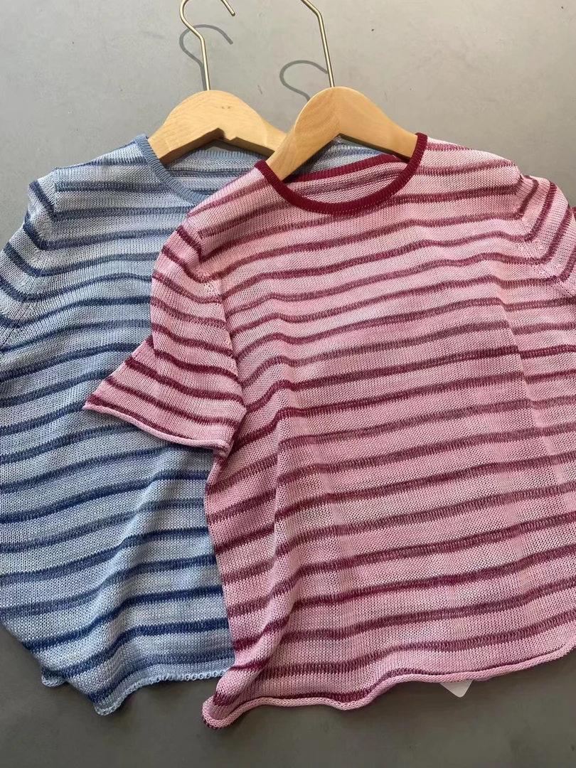 柚米家-自制“雅致新麻衫”进口纱线 撞色条纹针织衫