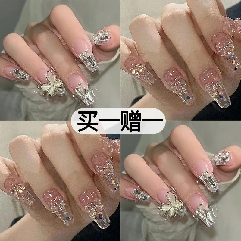 爆款果冻闪粉美甲指甲贴片手工穿戴甲小红书网红碎钻蝴蝶通用