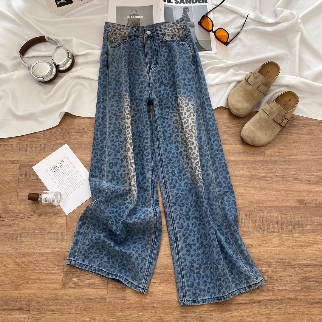 超火豹纹印花阔腿牛仔裤女2025年秋季薄款高腰显瘦宽松垂感直筒裤