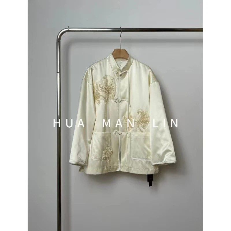 【花滿林】“钉珠亮片”立领流苏盘扣白色重工钉珠桑蚕丝加厚外套7399
