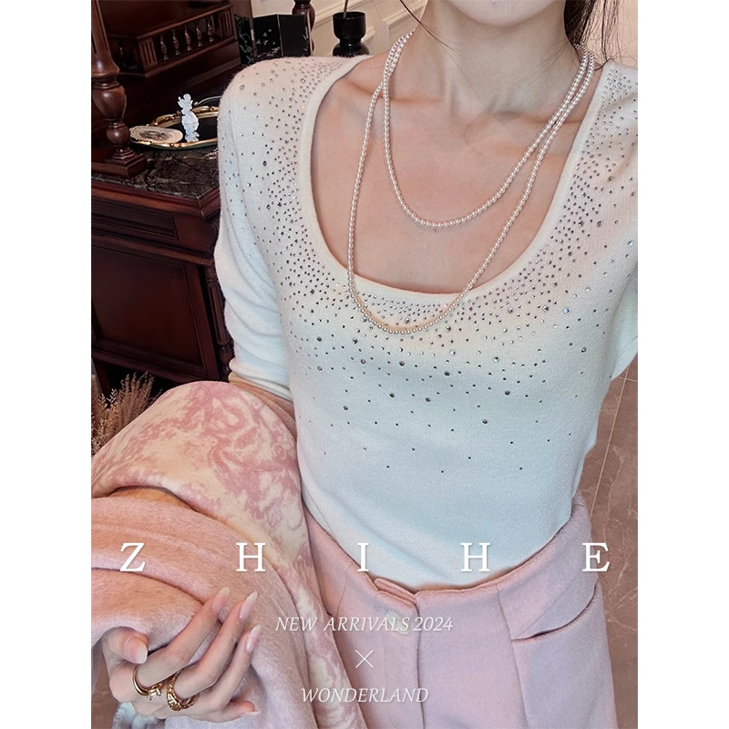 至禾Wonderland 【轻暖针织】叠穿B囤绵羊毛多色圆领亮钻打底针织衫