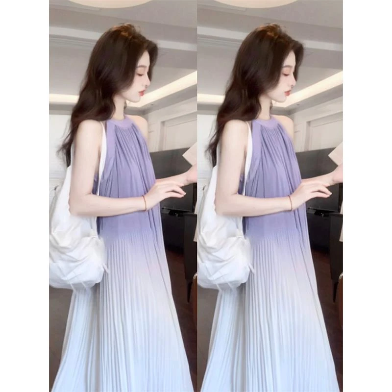 法芬图夏日多巴胺紫色渐变挂脖连衣裙子女2025新款法式高级感超好