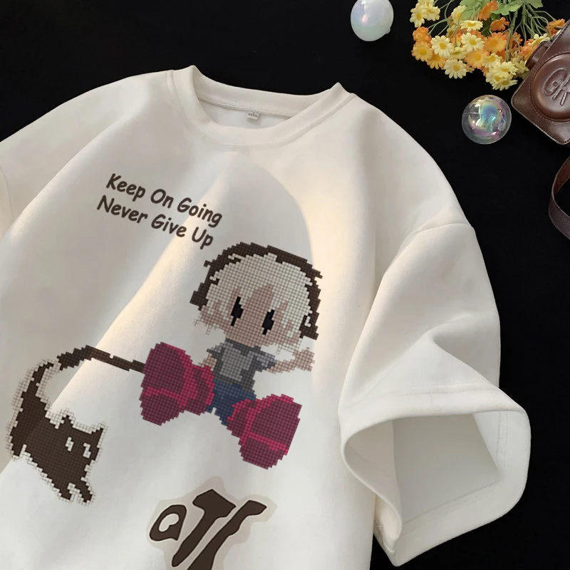 麂皮绒短袖t恤男美式复古卡通印花潮流2024新款宽松重磅半袖体恤