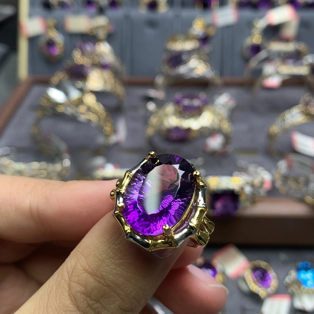 戒指水晶银S925镀金镶嵌竹节款