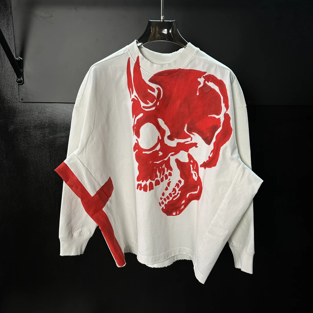 孤品专享暗黑风骸骨骷髅重磅宽松蝙蝠袖水洗长袖T恤侧边十字架