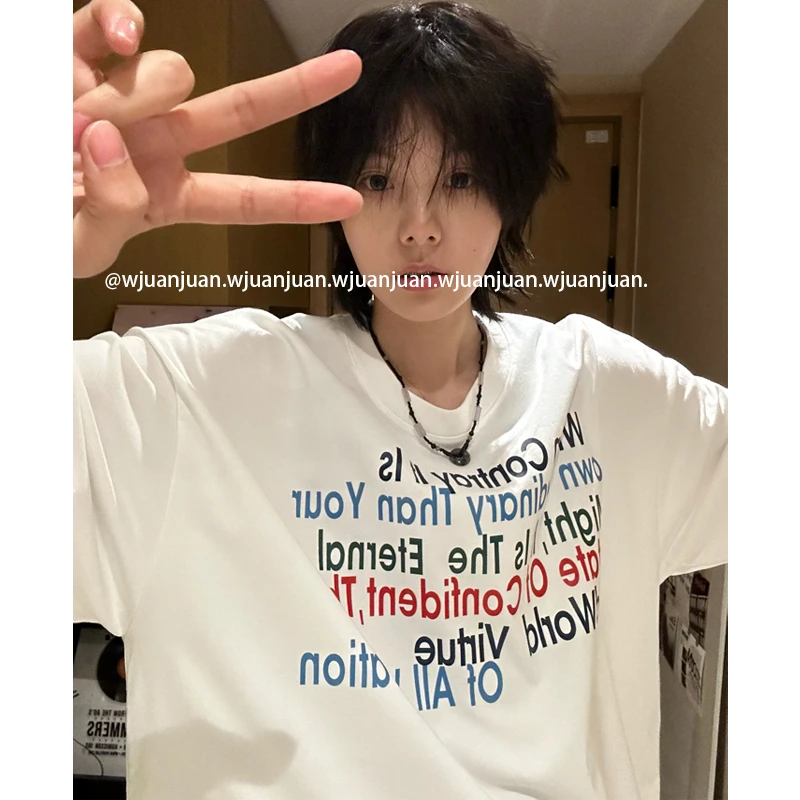 『WJUANJUAN』2025夏美式复古小众设计款字母T恤中性宽松男女半袖t