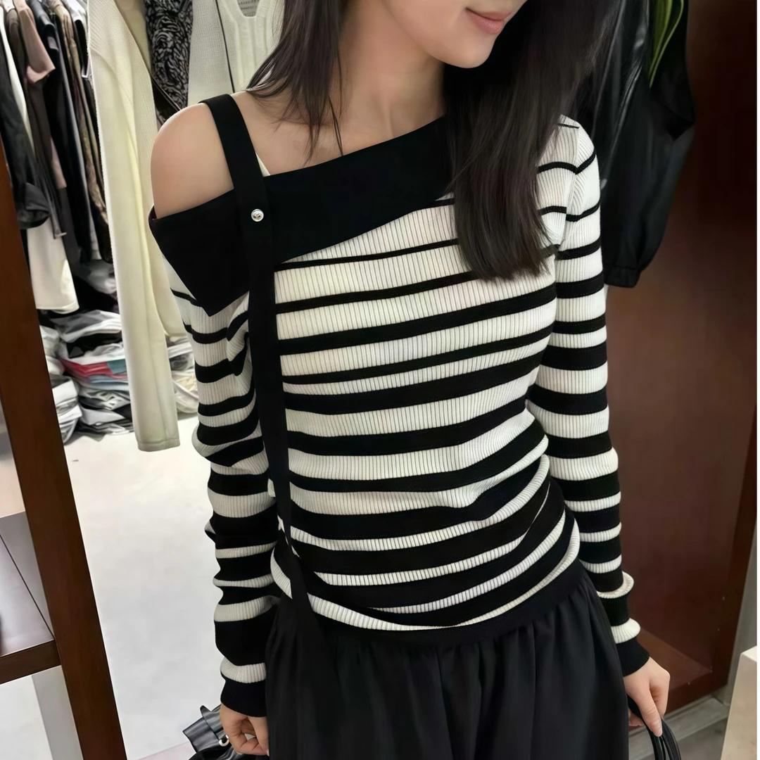 韩系撞色条纹斜肩毛长袖针织衫2025秋季新款女清冷系禅意衣服女