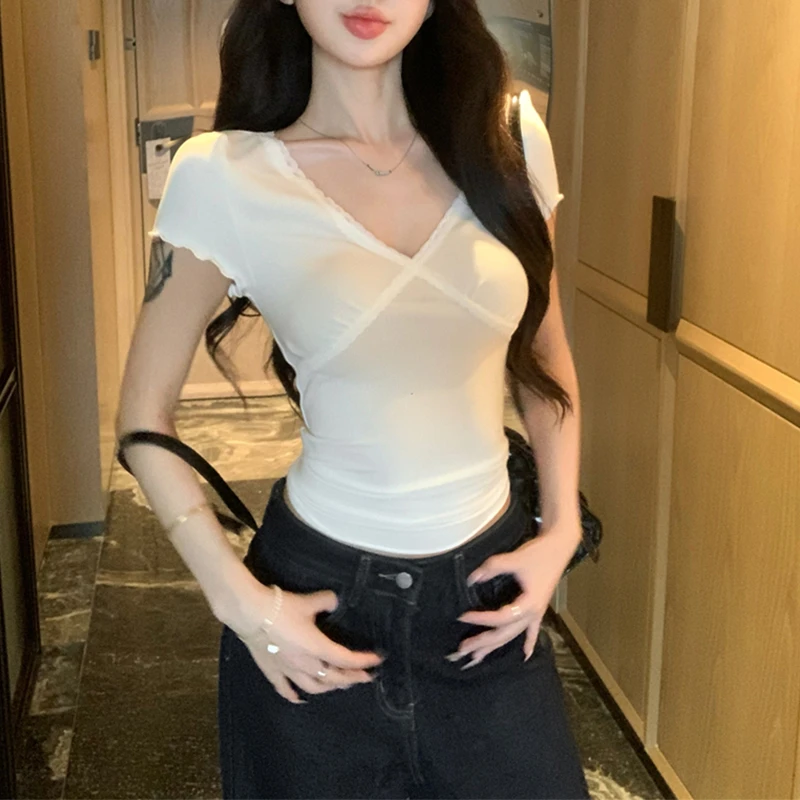美式复古豹纹蕾丝边交叉V领短袖T恤女夏季新款修身显瘦独特小上衣