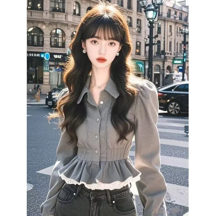 灰色法式小香风高级设计感长袖衬衫女冬小众气质修身蕾丝百搭上衣