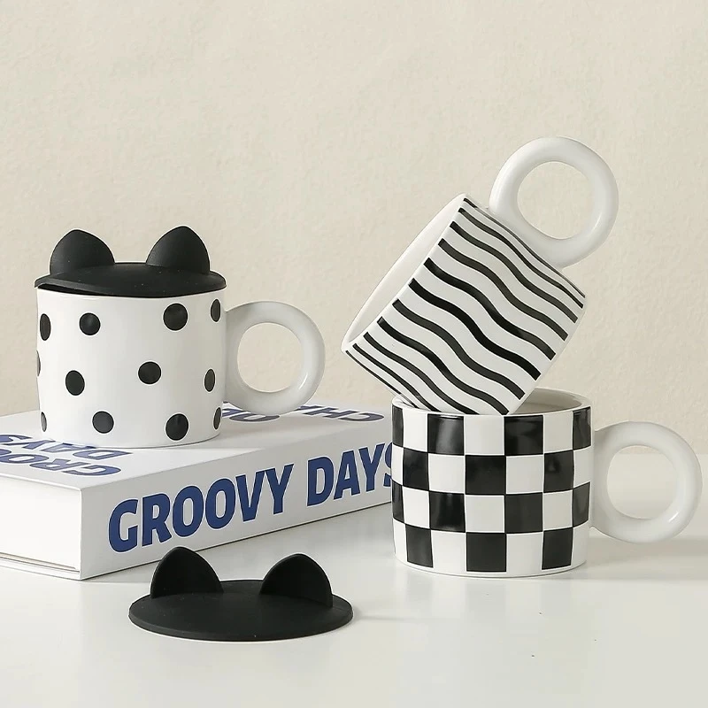 且陶 ins风黑白几何大容量马克杯棋盘格