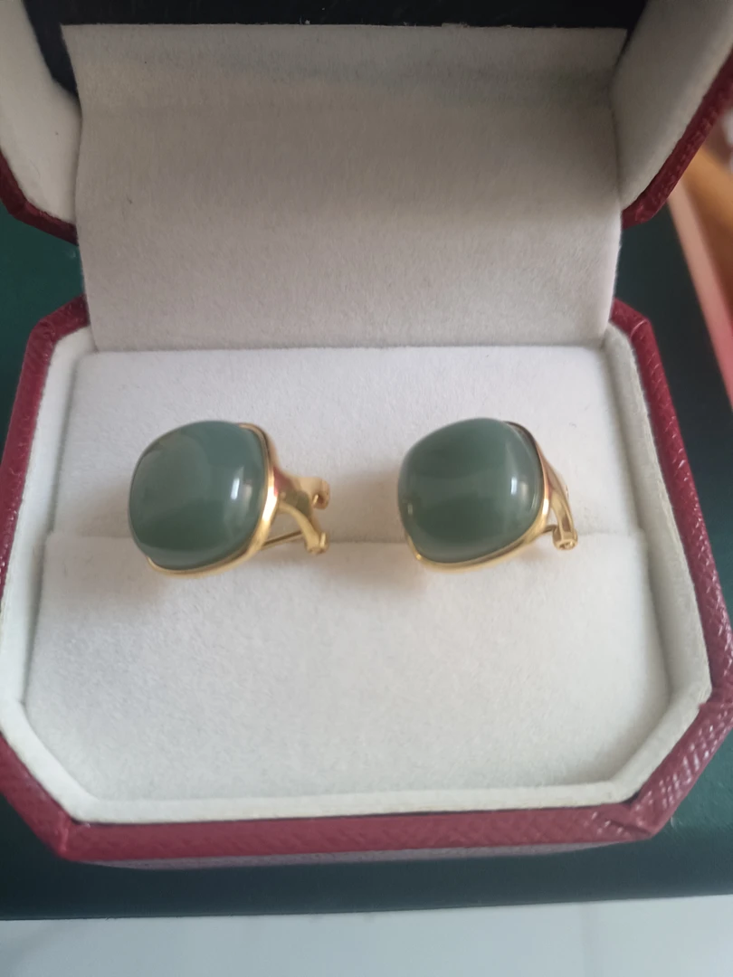 和田玉碧玉鸭蛋青925银镶嵌耳扣