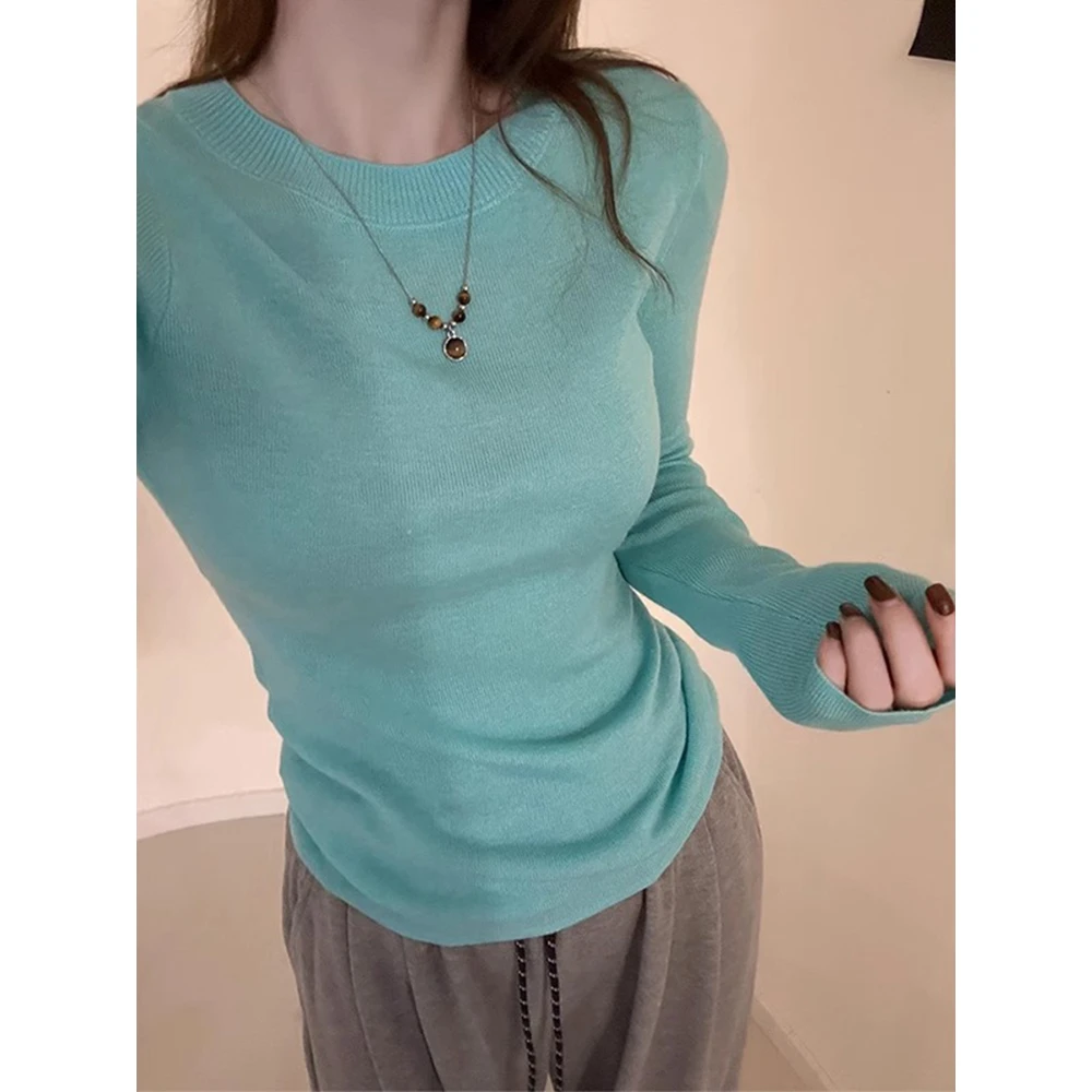 韩系百搭圆领针织打底衫女秋冬新款气质修身毛衣长袖修身内搭上衣