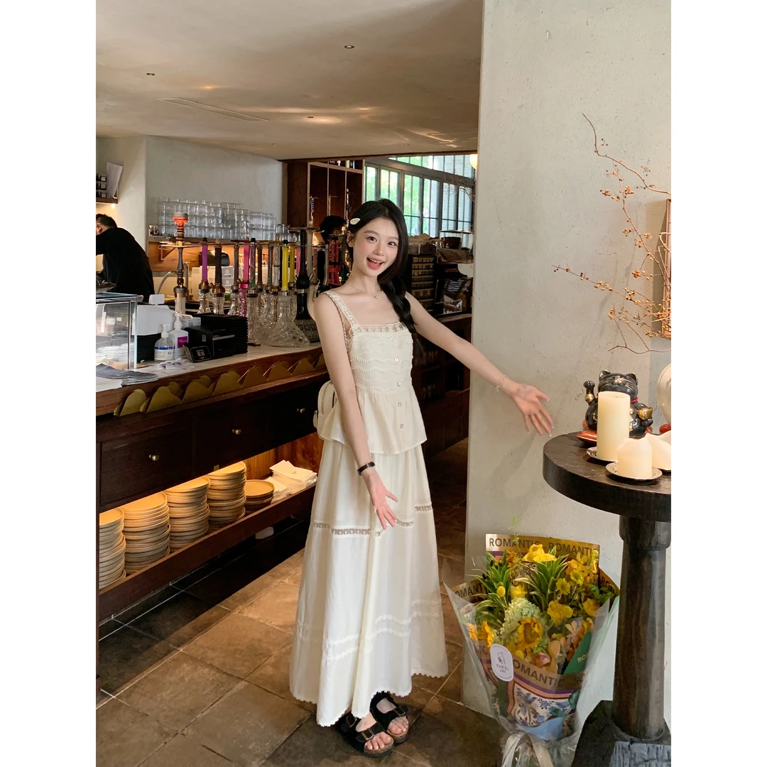 切糕自制【西域公主】小个子夏季女纯欲慵懒感松弛吊带半裙蕾丝套装