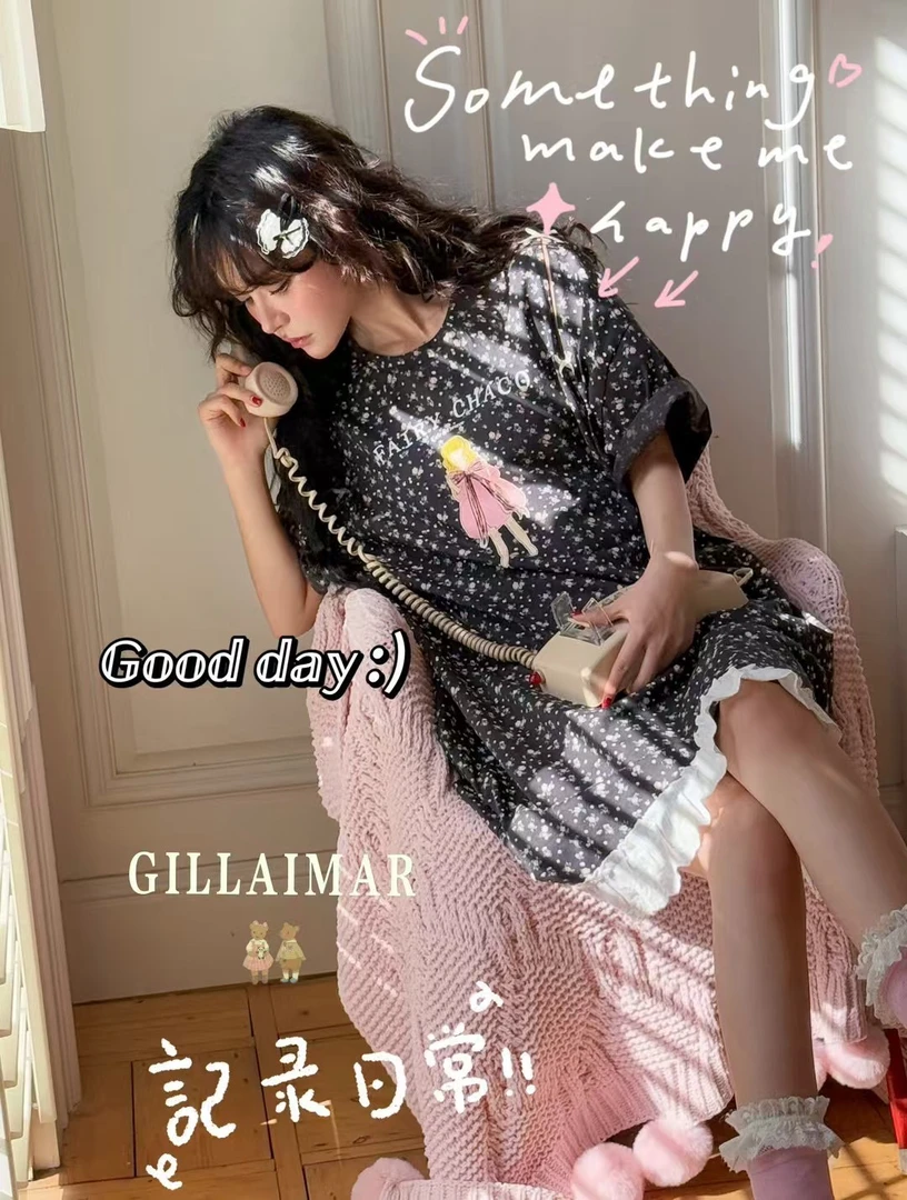 小熊家 夏季甜美蕾丝花边碎花女孩 睡裙女