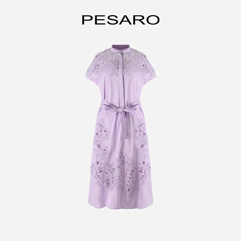 PESARO蕙玲女装春季优雅气质时尚精致蕾丝镶崁高密棉质连衣裙