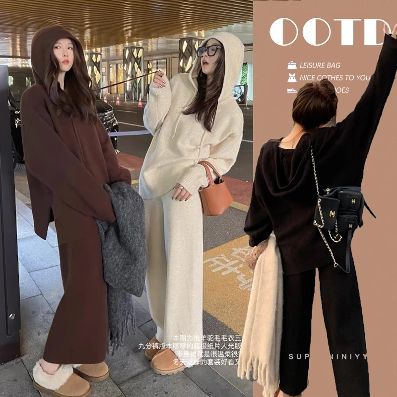 L725#12.18孕妇休闲连帽针织上衣阔脚裤宽松套装