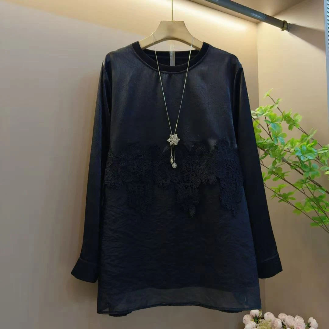 早秋简约女装新款拼接圆领纯色百搭宽松长衫上衣（长74左右）