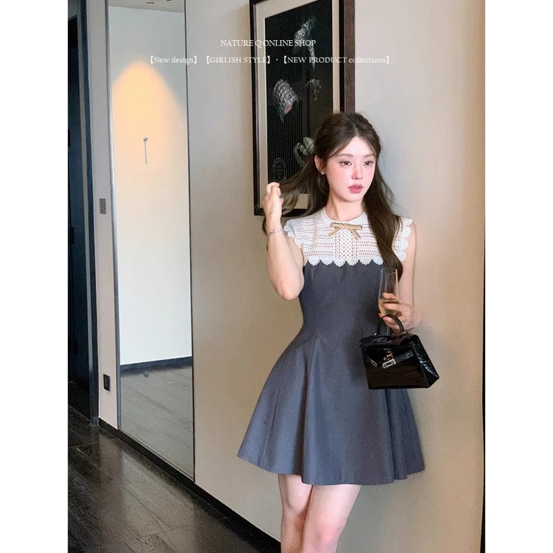 杨小卷 格雷系千金 法式蕾丝拼接无袖连衣裙夏收腰A字短裙生日裙