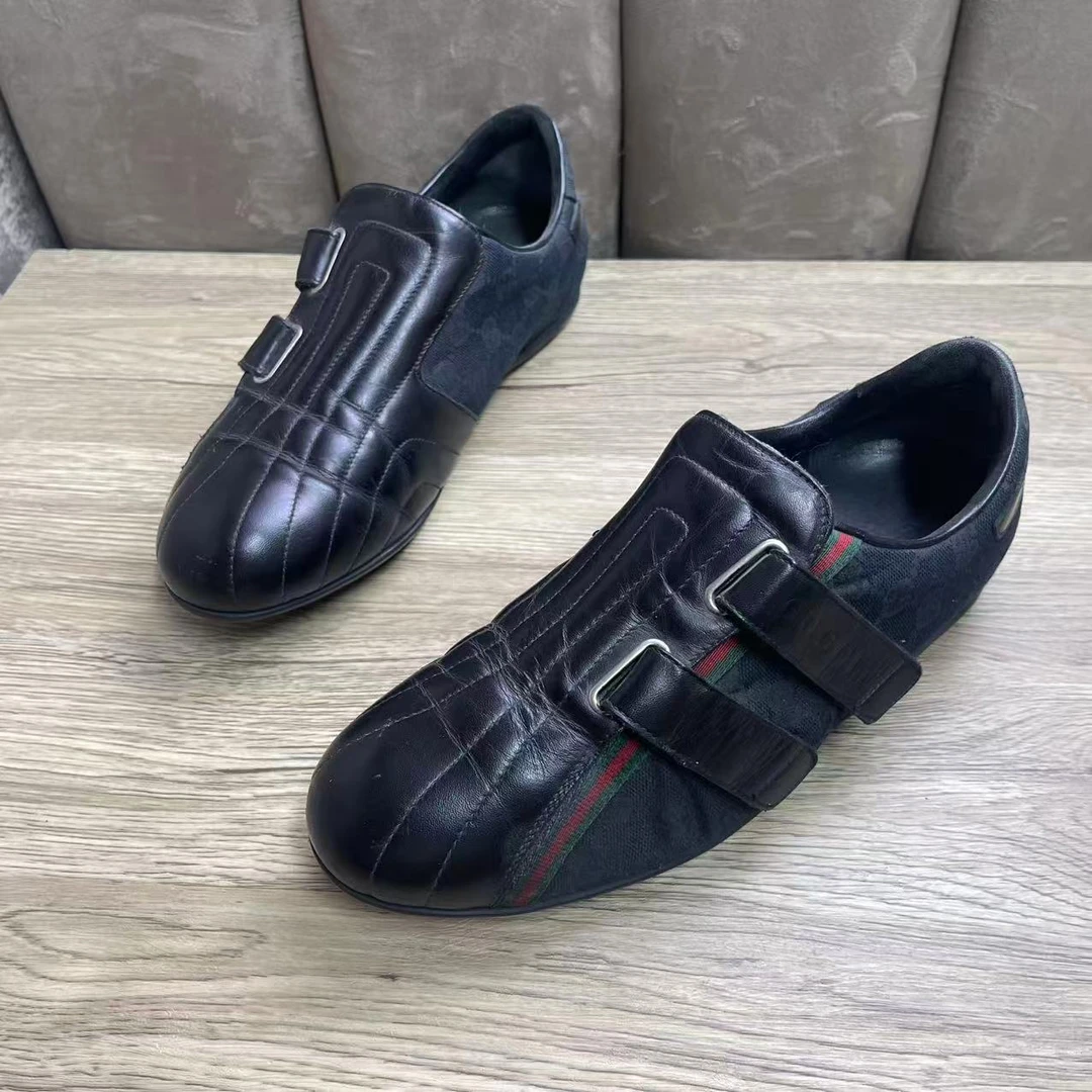 95新 GUCCI/古驰 黑色帆布双魔术贴红绿织带休闲板鞋/40码/捡漏