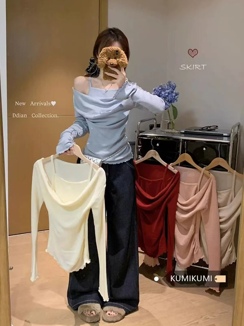 胖mm温柔风甜美设计感小众假两件长袖针织衫女装早春修身显瘦上衣